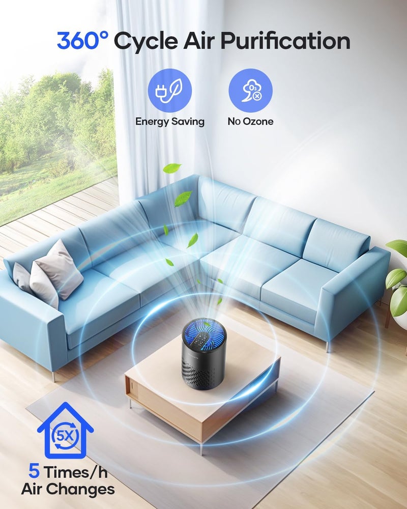 Mooka Air Purifiers for Bedroom Home, HEPA Air Purifier for Home Pets with Fragrance Sponge for Smoke Dust Pollen Dander Odor, Small Air Purifier with Sleep Mode Night Light Timer, KJ067L, Black - Image 2